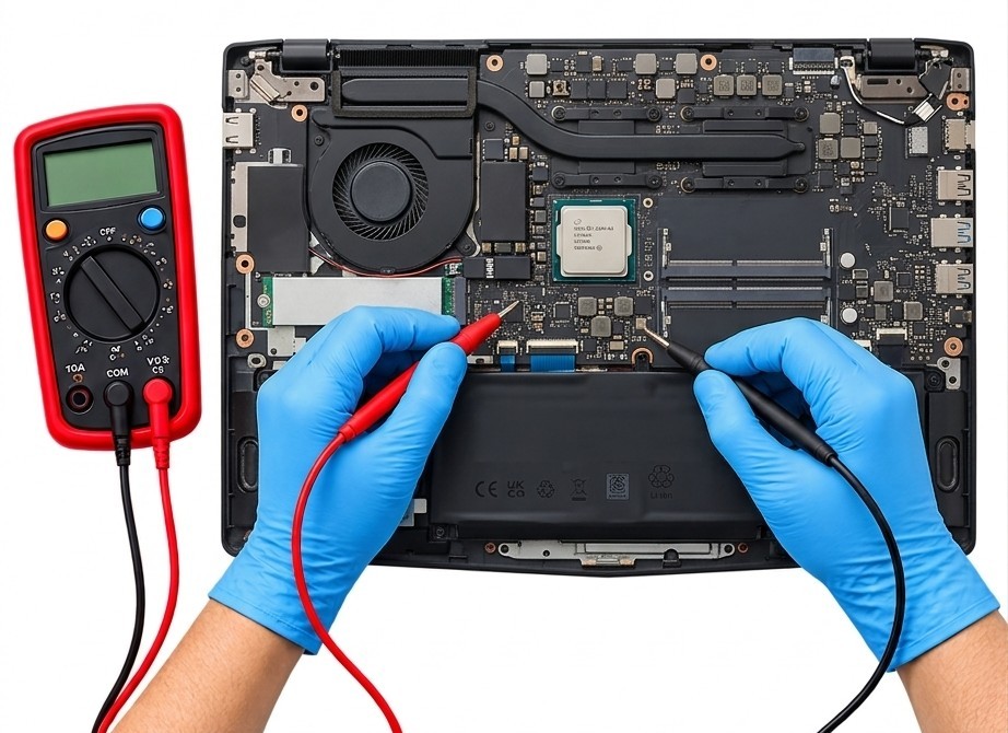 Technicien diagnostiquant un ordinateur portable