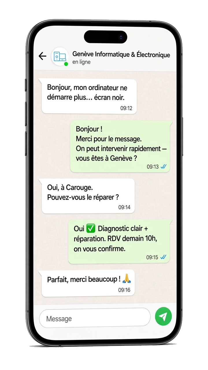 Conversation WhatsApp — Genève Informatique & Électronique
